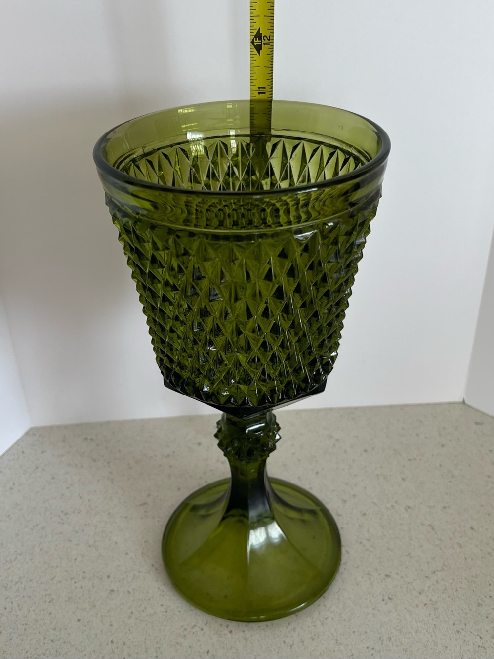 Indiana Glass Diamond Point Green Compote Pedestal Vase /Planter 11” Mid Century - Picture 12 of 14